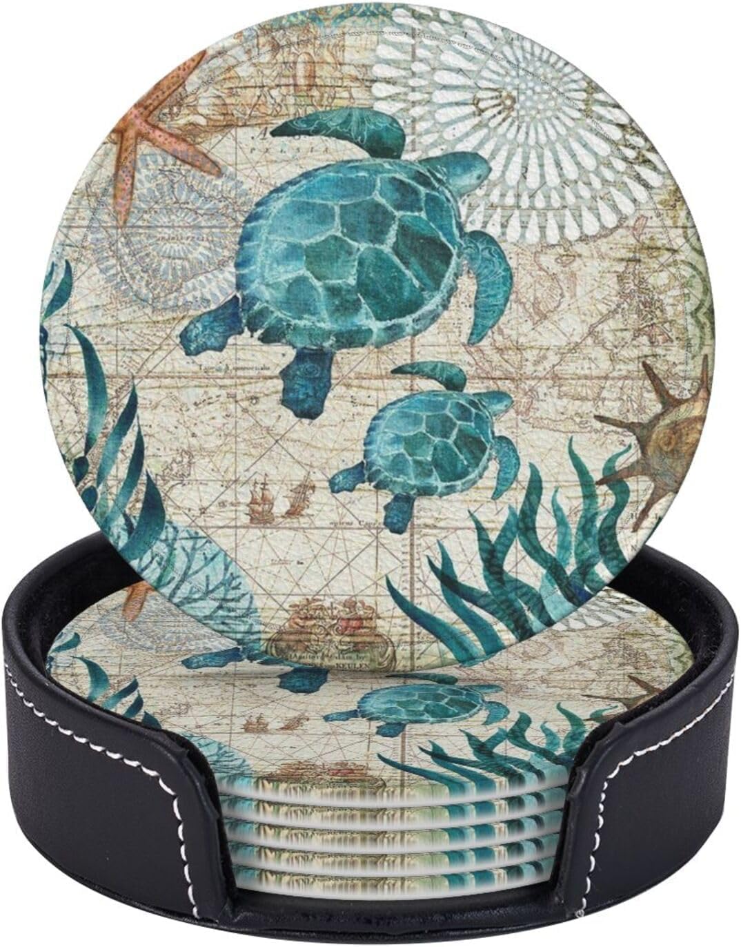 Drink Coasters with Holder Stand Set of 6, Sea Turtle Pu Leather Absorbent Coasters with Cork Base Table Coaster Round Coasters for Housewarming Apartment Kitchen Bar Decor