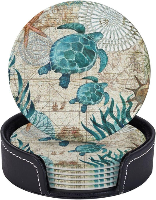 Drink Coasters with Holder Stand Set of 6, Sea Turtle Pu Leather Absorbent Coasters with Cork Base Table Coaster Round Coasters for Housewarming Apartment Kitchen Bar Decor
