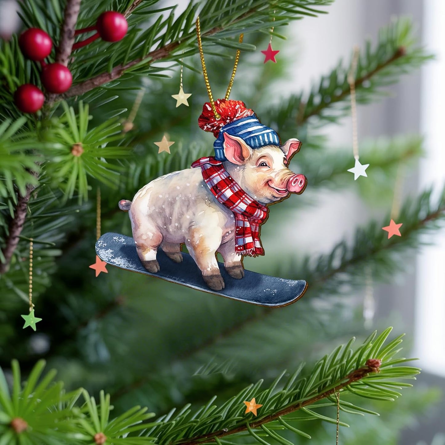 Funny Pig Ornament for Christmas Tree, 2-Side Printed Flat Wooden Ornament, Farmhouse Decor, Farm Animal Gifts for Women