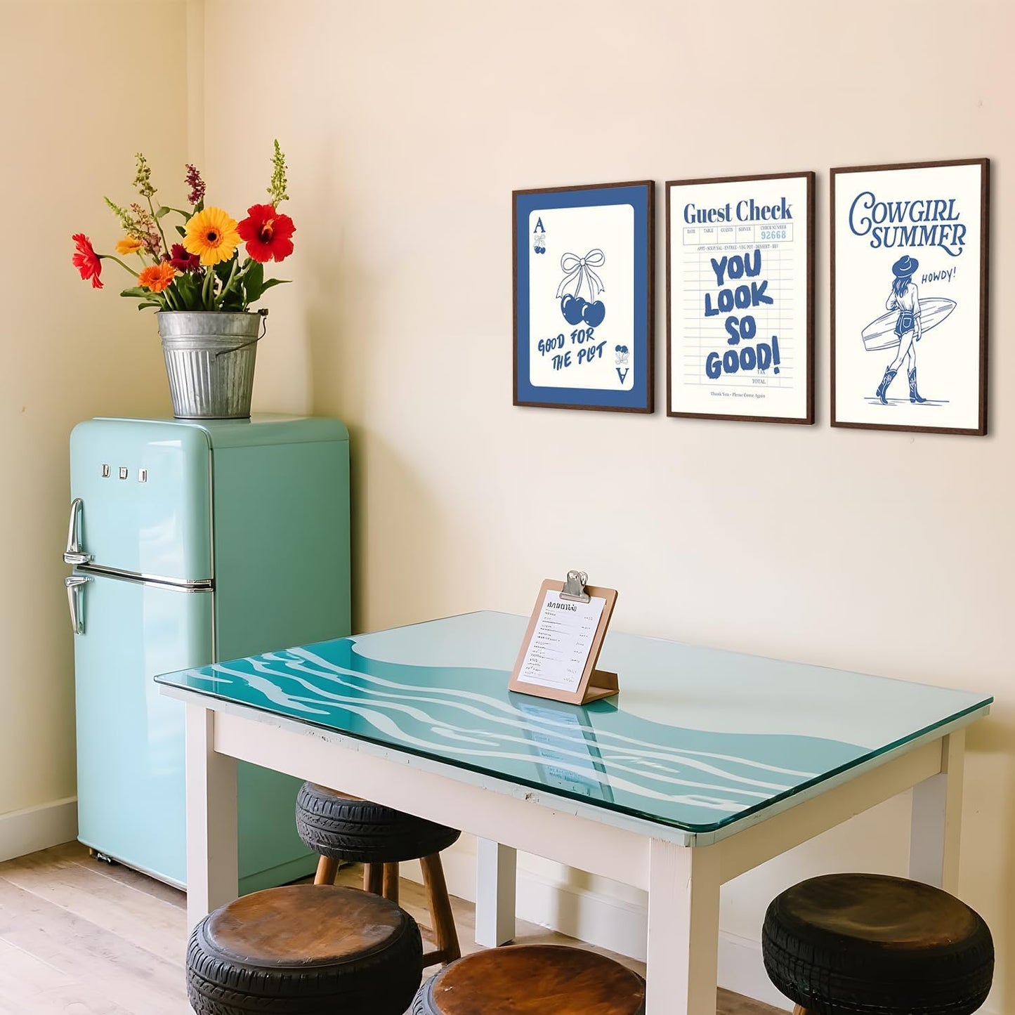 Blue Preppy Canvas Wall Art Poster Set of 3, Coastal Cowgirl Pictures Wall Decor Paintings, Trendy Cherry Guest Check Prints Aesthetic Home Decor for Teen Girls Bedroom Dorm 12x16 inch Unframed