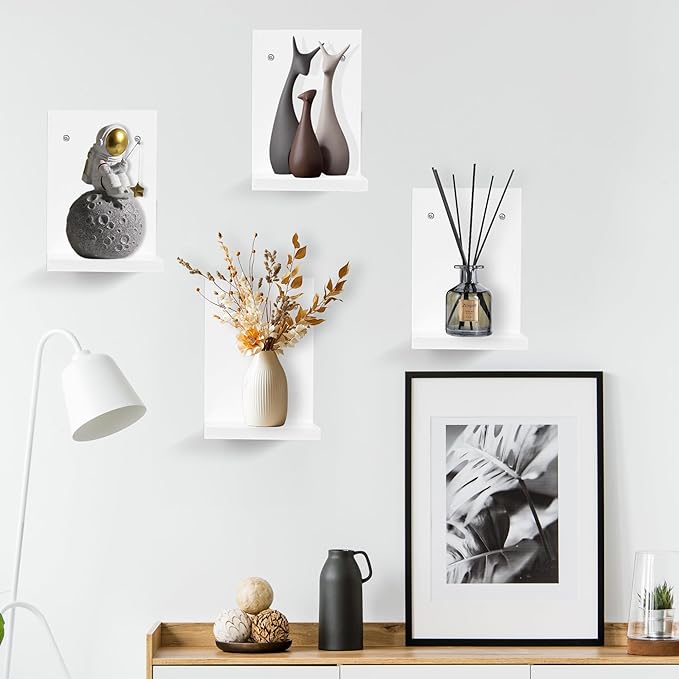 PHOENANCEE Small Wall Shelf Modern,Wooden Mini Floating Shelves,Indoor Wall Mounted Plants Shelf L Shaped,Midcentury Display Decorative Holder for Gallery Living Room Bedroom Porch,Pine,4 Pack(White)