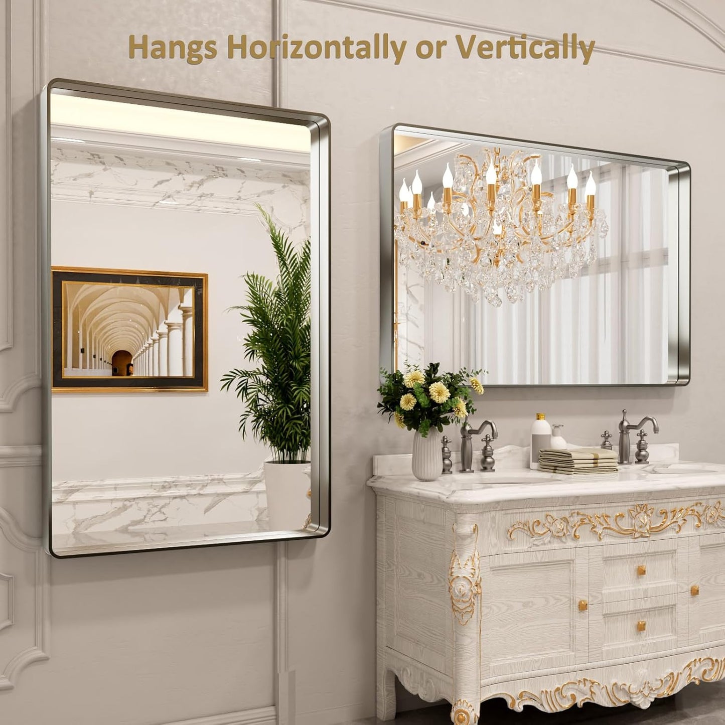 LOAAO 50X30 Inch Brushed Nickel Bathroom Mirror, Rounded Rectangle Silver Metal Frame Mirror, Brushed Nickel, Anti-Rust, Shatter Proof, Hangs Horizontally or Vertically