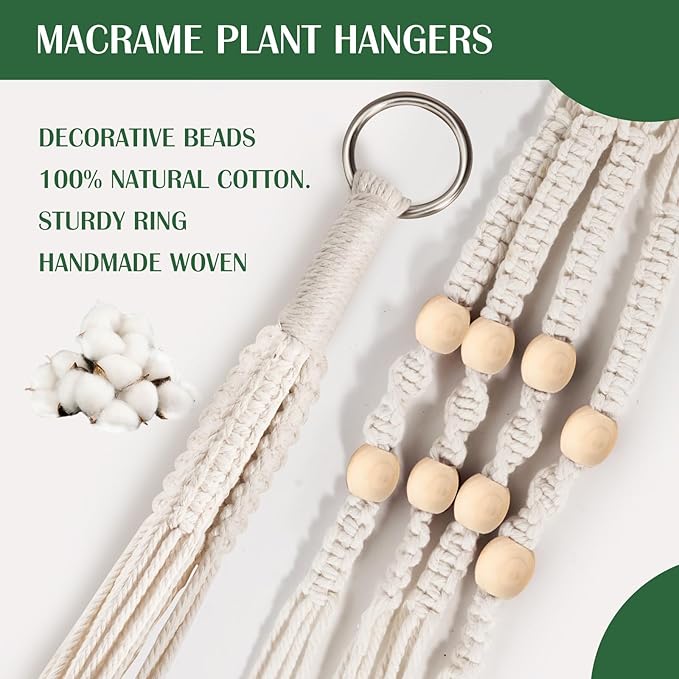Macrame Plant Hanger, Hanging Planter Basket with Wood Beads, Decorative Boho Flower Pot Holder for Indoor and Outdoor, Ivory, 35 Inch Set of 2 (POTS NOT Included)