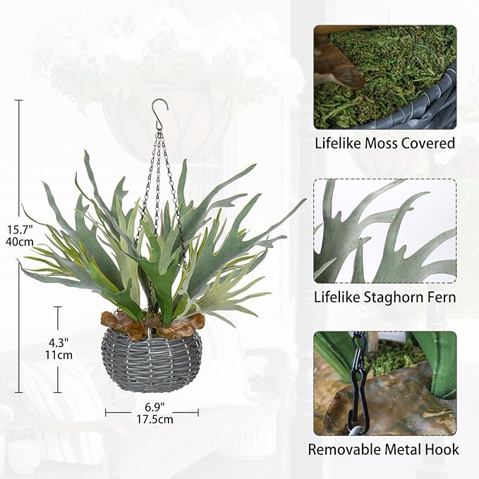 Hollyone Artificial Staghorn Fern Hanging Plants, Fake Boston Fern Hanging Plant in Persian Rattan Pot Faux Fern Plant Potted Hanging Plant for Indoor Outdoor Home Wall Room Garden Decor