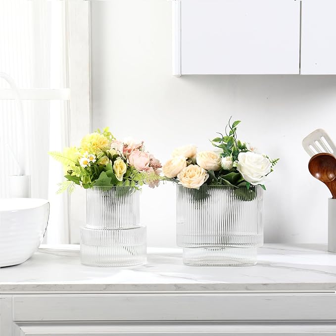 Ribbed Glass Vases, Set of 2 Fluted Vases for Flowers, Clear Vase for Tulips, Modern Glass Vase for Living Room, Dining Table, Office, Entryway, Mantle, Bookshelf, Wedding Gifts
