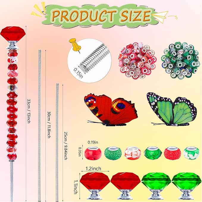 145 PCS Beaded Garden Stakes Kit, DIY Fairy Wand Garden Stake Beads Kits with Assortment Large Hole Beads 4 Crystal Stopper Top 2 Colored Butterfly Tops and Threaded Rods for Outdoor Indoor Decor