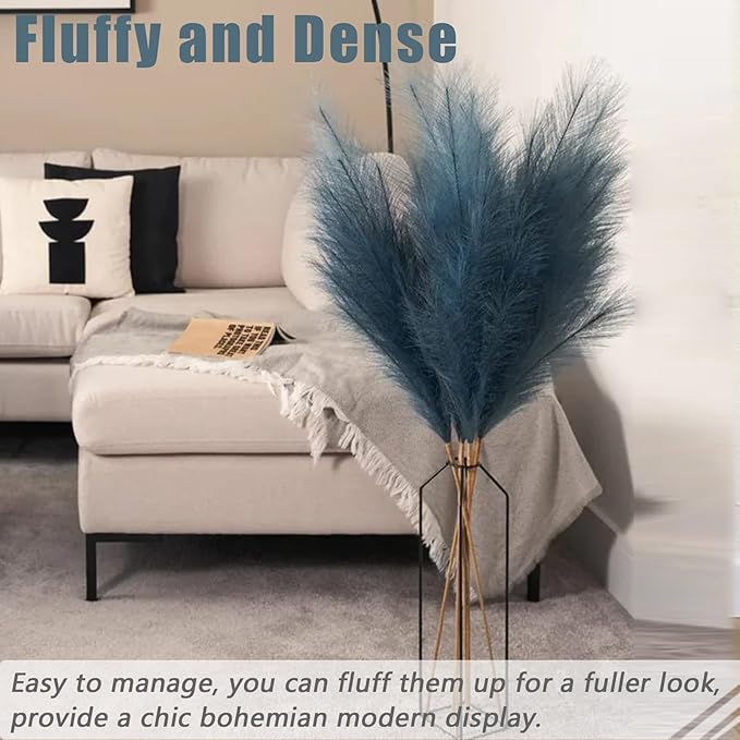 38" 10 Stems Tall Pampas Grass - Faux Fluffy Pampas Grass Tall Navy Blue for Boho Home Wedding Mothers Day Decoration