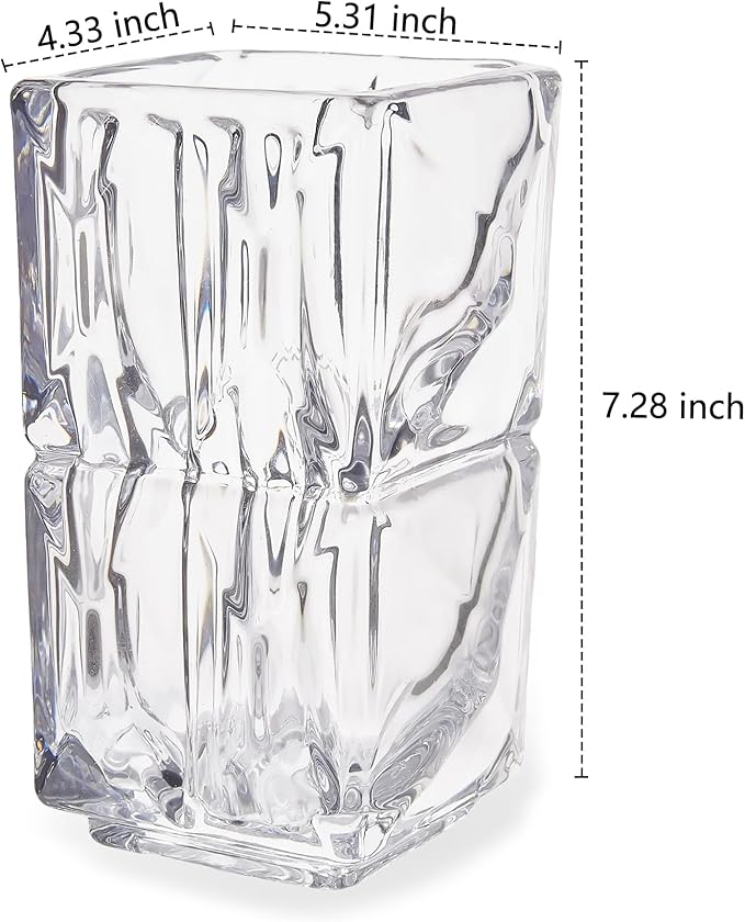 VECELO Crystal Glass Vase - Textured Clear Flower Vase for Fresh Flowers & Hydroponic Plants, Modern Decorative Centerpiece for Dining Table, Coffee Table & Home Décor, 7.28 Inches