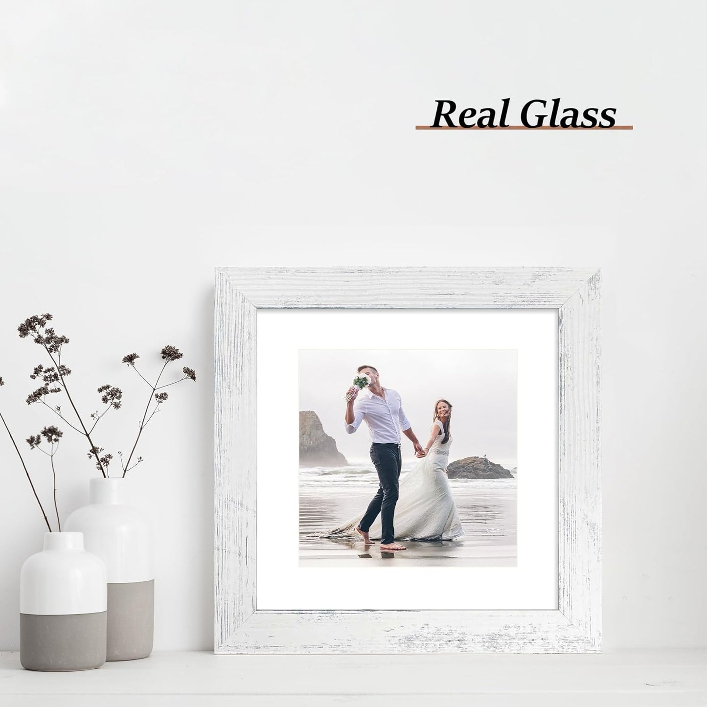 iRahmen 8x8 Picture Frames Set of 4 with Real Glass, Distressed White Frame Display 6x6 Pictures with Mat or 8 x 8 Without Mat, Wood Square Photo Frame for Wall Mount and Tabletop Display