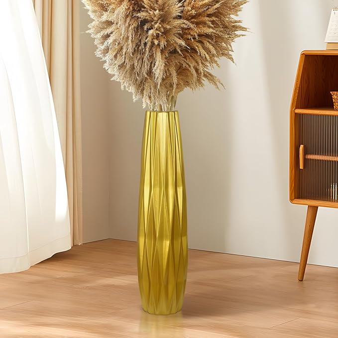 Gold Ceramic Tall Floor Vase,24 Inch Large Modern Flower Vases for Home Décor,Wicker Big Floor Vase Decorations for Farmhouse, Living Room,Bedroom,Standing Plastic Vase Decorative Tall