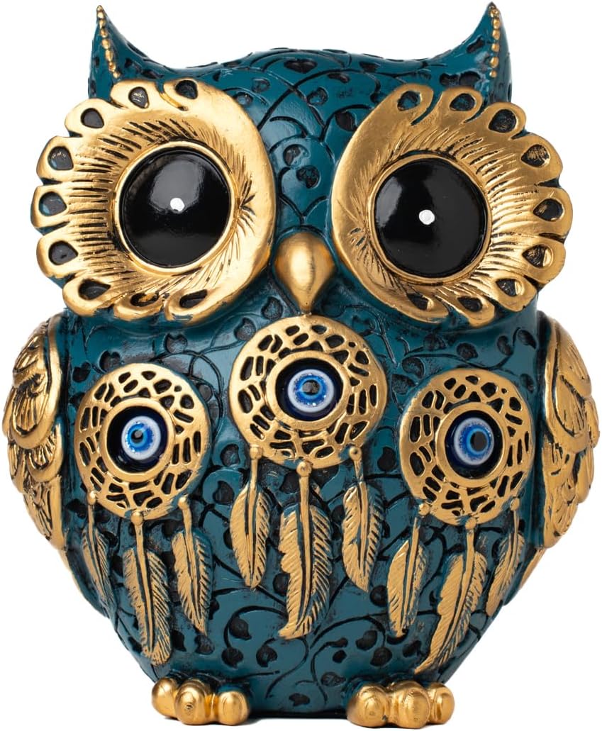 Decorative Owl Figurine, Vintage Blue and Gold Owl Statue Home Decor - Evil Eye Accent for Bookshelf, Bedroom, Living Room, Office & Table. Cute Small Animal Sculpture Gift for Birds Lovers.(Blue)