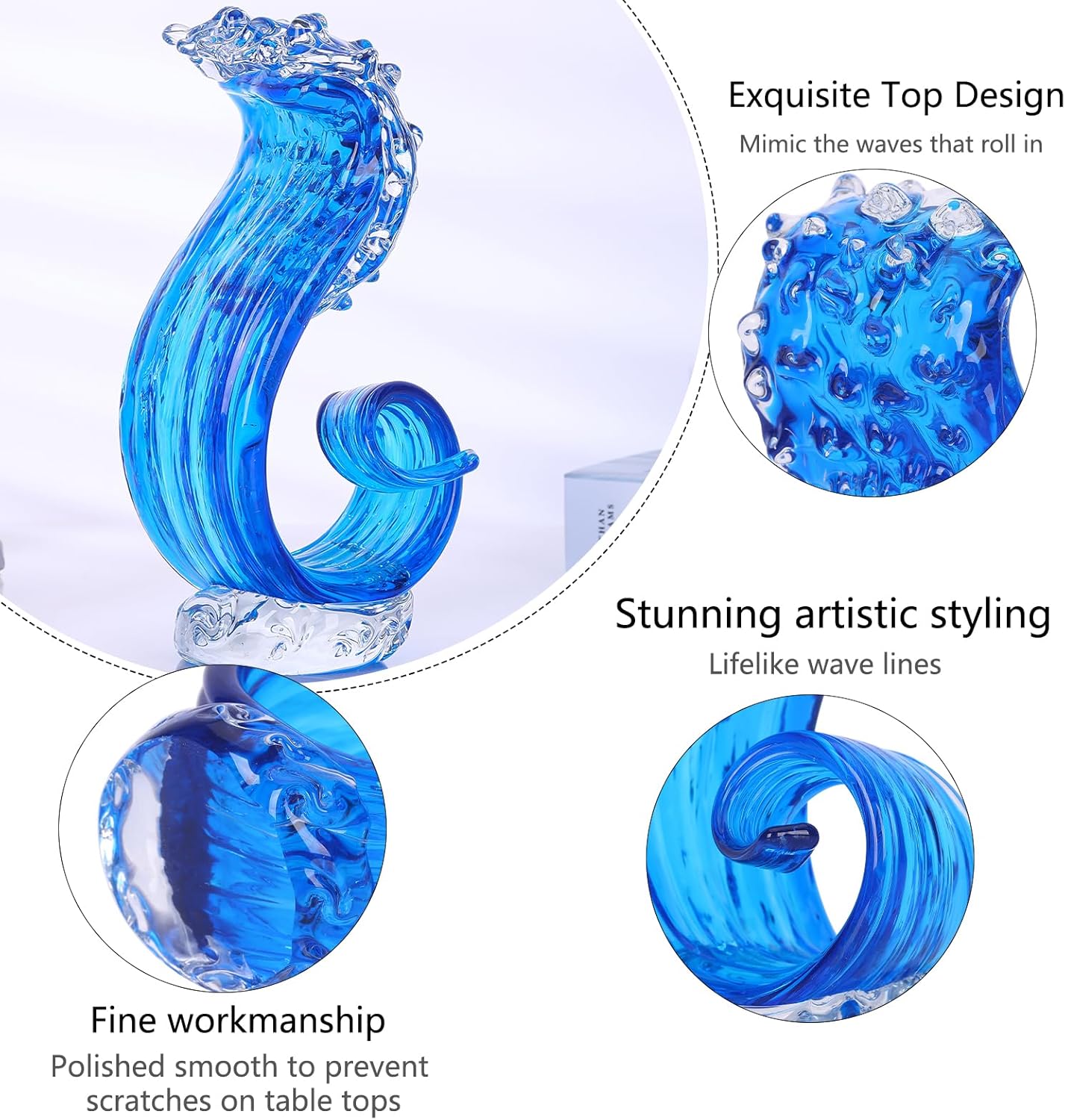 LCCCK Blue Glass Beach House Decor, Hand Blown Ocean Wave Decorate, Tall Blue Glass Sculpture Home Decor, Ocean Wave Fused Art Figurines, for Sea Art Beach Coastal Nautical Office Surfers Gifts