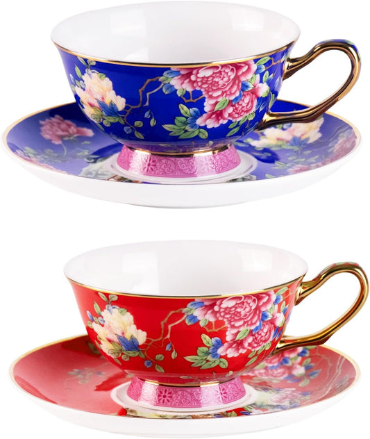 KAMMAK Ceramic Coffee Cups and Saucers Set of 2, Porcelain Espresso Cups with Saucers, 5.64 oz Handcrafted Ceramic Floral Coffee and Tea Cup, Vintage Drinkware for Tea Party, Office, Women Gifts