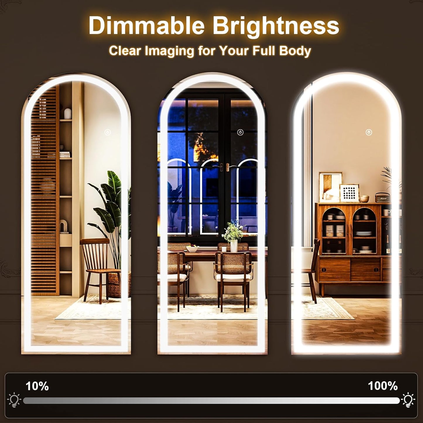 LED White Arched Full Length Mirror - 21“ x 64” Adjustable Brightness, Touch Screen Controls, Wall Mounted or Freestanding for Bedroom, Living Room, Cloakroom Dressing Mirror