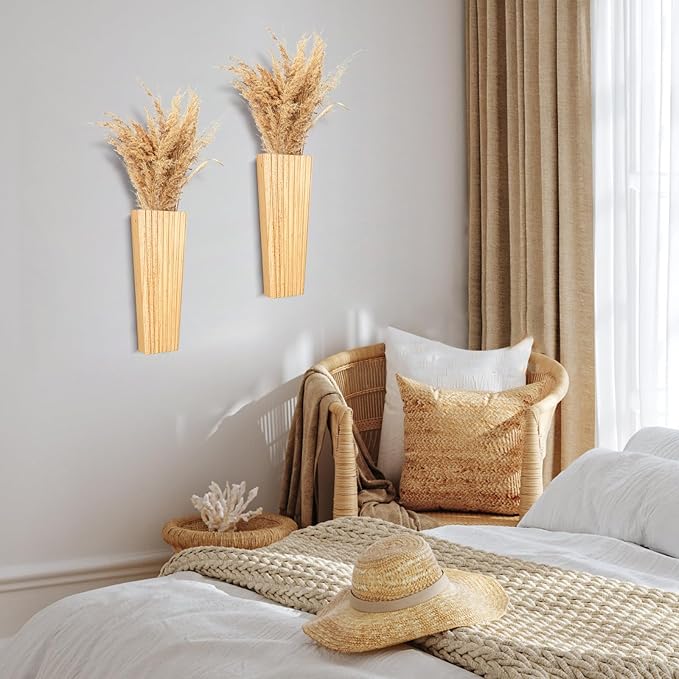 2PCS Wood Wall Planter for Indoor Plants, Wooden Hanging Planter for Dried Flowers and Artificial Greenery Plants, Modern Farmhouse Wood Wall Decor for Living Room,Bedroom,Bathroom(Natural)