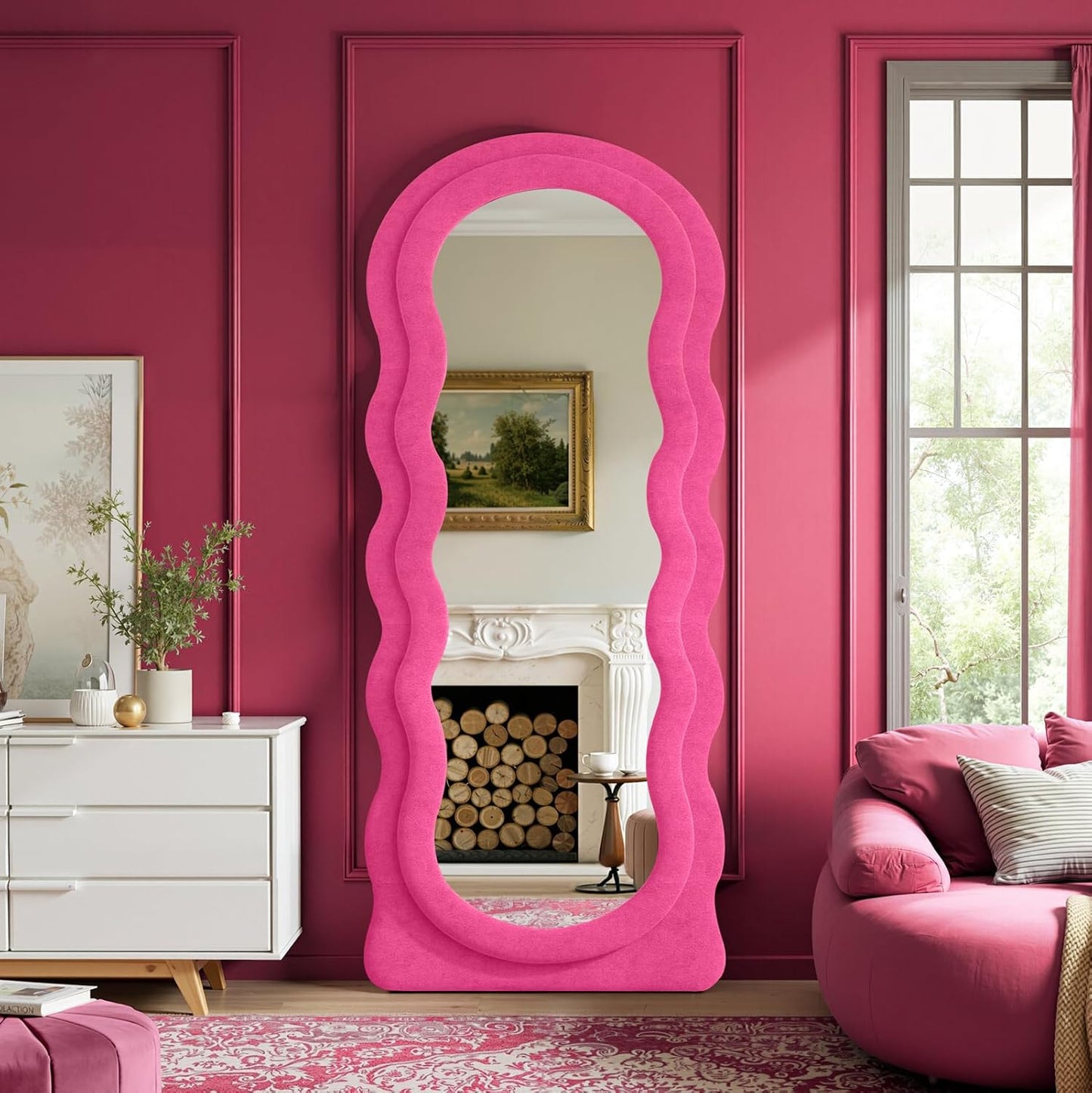 Full Length Mirror 71"x30" Irregular Wavy Full Body Wall Mounted Floor Mirror with Stand Hot Pink Flannel Frame Leaning Hanging Wall for Bedroom Entrance Hallway