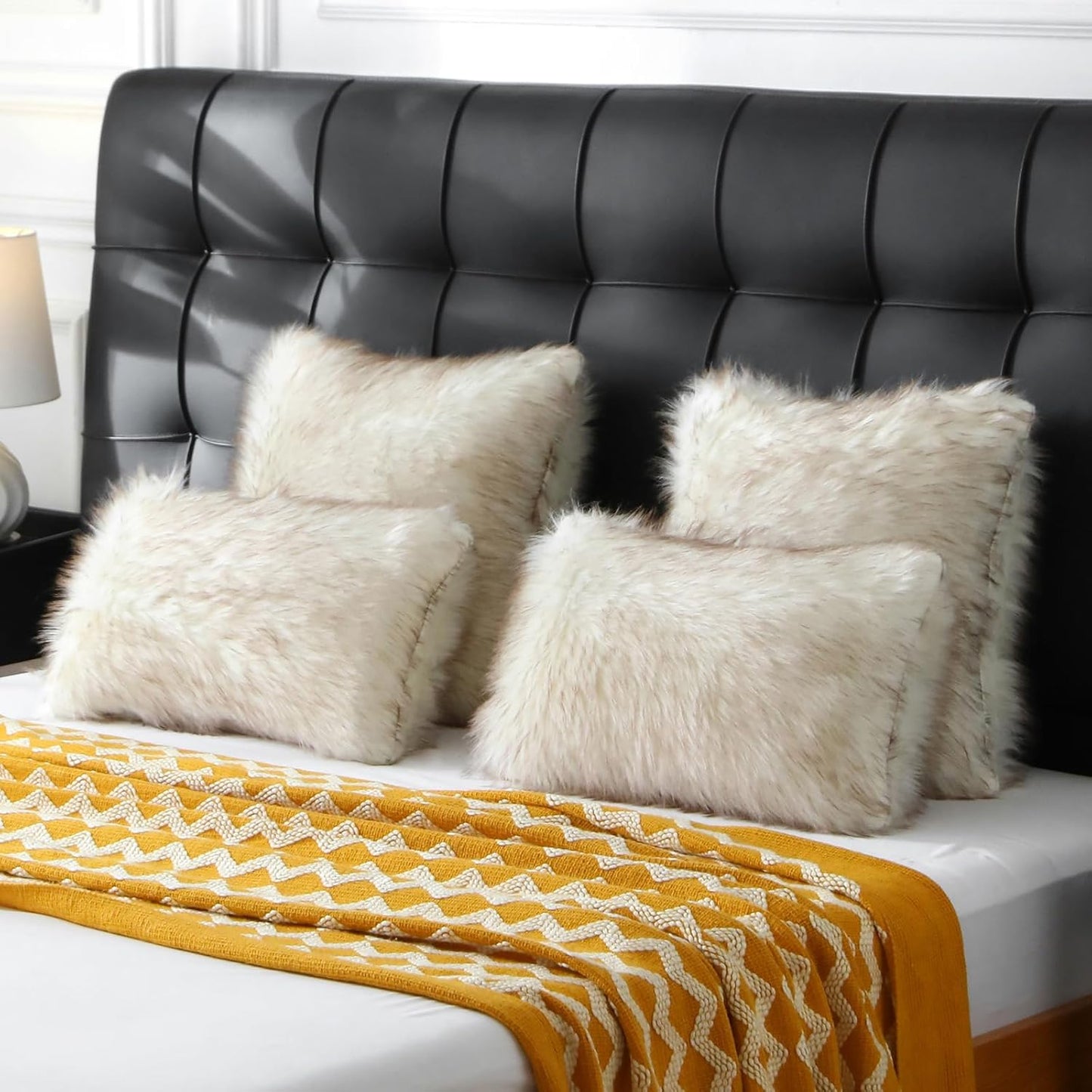 FUTEI Coffee White Decorative Throw Pillow Covers 12x20 Inch Set of 2,Soft Fluffy Faux Fox Fur Textured Lumbar Pillow Case,Modern Home Decor for Couch Living Room