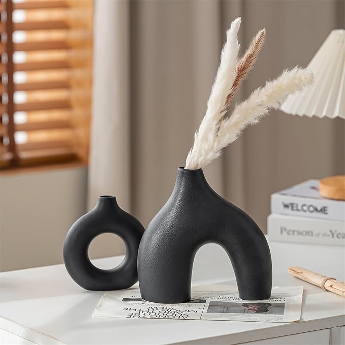 White Ceramic Vases Set of 3, Minimalist Nordic Modern Style, Round Donut Vase for Dried Flowers, Pampas Grass & Fresh Blooms,Boho Home Decor for Table Shelf Living Room Office (Black)