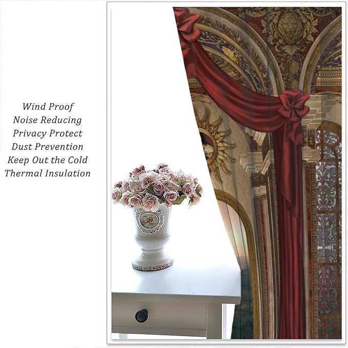 Gothic Blackout Curtains，Red Fantasy Palace Pattern Drapes Window 2 Panel Rod Pocket Curtain for Bedroom Living Room Decor 21" W X 45" L