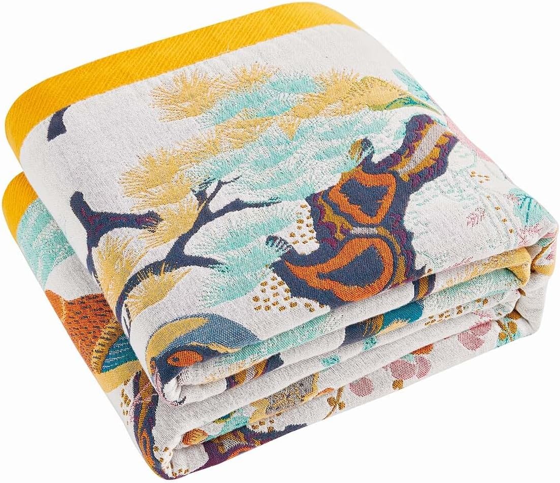 Fall Throw Blanket for Couch, Yellow Boho Decorative Throw Blanket, 100% Cotton Muslin Breathable Woven Farmhouse Blankets Quilt, 50"x60" Reversible Lightweight Blankets Bohemian Throw Quilt