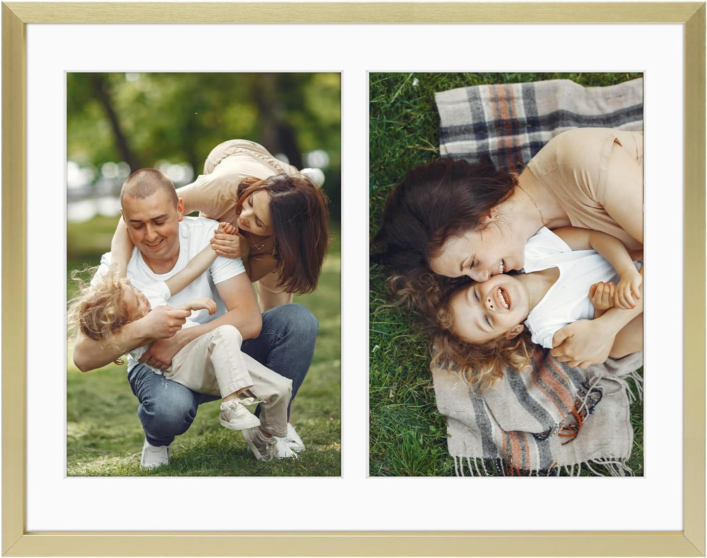 Frametory - 8.5x11 Aluminum Collage Picture Frame - Display 5x7 Pictures with 2 Openings Mat - Real Glass Front - With Easel Stand for Horizontal/Vertical Wall Mount - Gold 1 Pack