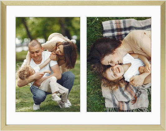 Frametory - 8.5x11 Aluminum Collage Picture Frame - Display 5x7 Pictures with 2 Openings Mat - Real Glass Front - With Easel Stand for Horizontal/Vertical Wall Mount - Gold 1 Pack