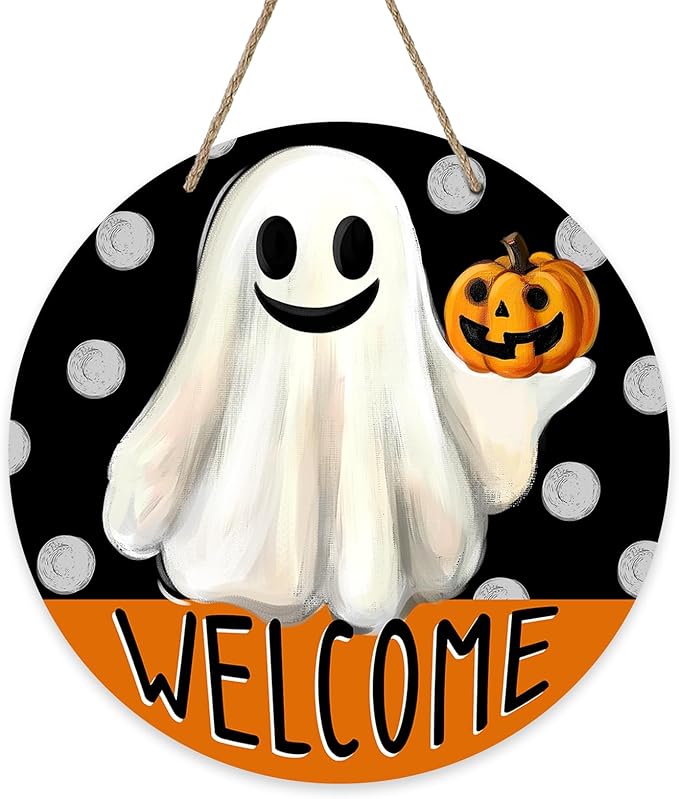 Welcome Halloween Spooky Ghost Front Door Sign, Scary Jack O Lantern Pumpkin Wood Hanger Outdoor Outside Porch Home Decor, Funny Polka Dots Wooden Wreath Indoor Wall Hanging Decoration