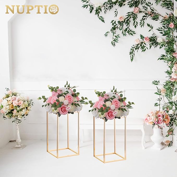 Nuptio 10 Pcs Gold Vase Metal Column Stand Road Lead Geometric Centerpiece Vase for Tables, 15¾ inch Tall Floor Vases Decorative Tall Flower Rack for Home Event Party Wedding Decorations for Reception