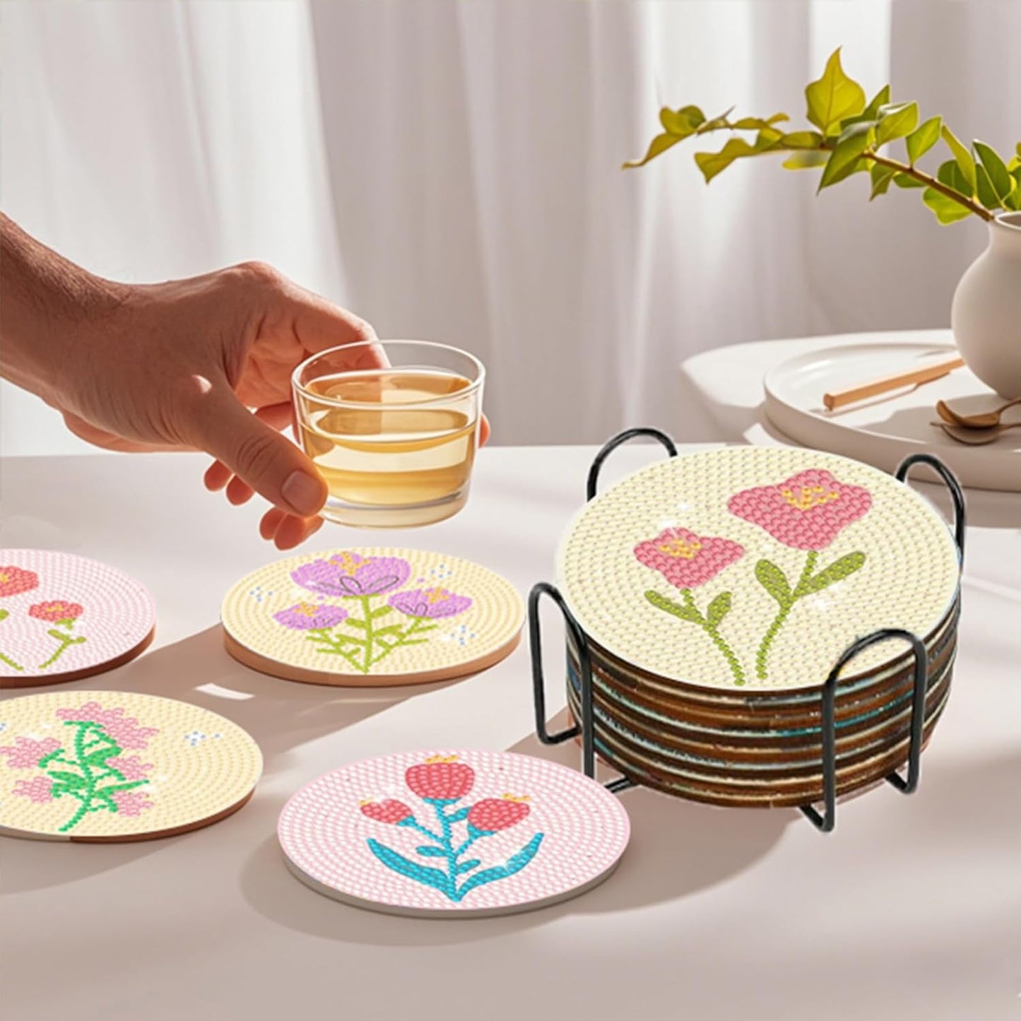 DOTSOPS Flowers Diamond Art Coaster with Holder 5D Diamond Painting Kits for Adults Round Full Drill Beginners Gem Dots Craft Arts Supplies Party Home Decor 8Pack