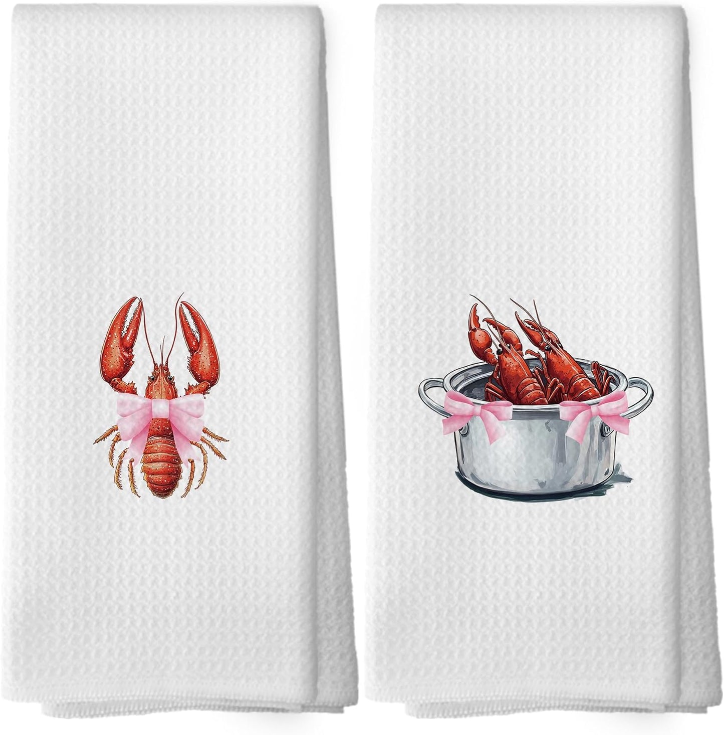 Coquette Crawfish Kitchen Towels - Preppy Coastal Seafood Boil Dish Towels, Ocean Beach Lobsters Decorative Absorbent Dishcloths Hand Towel Set of 2 for Beach House Kitchen Decor 16x24 Inches