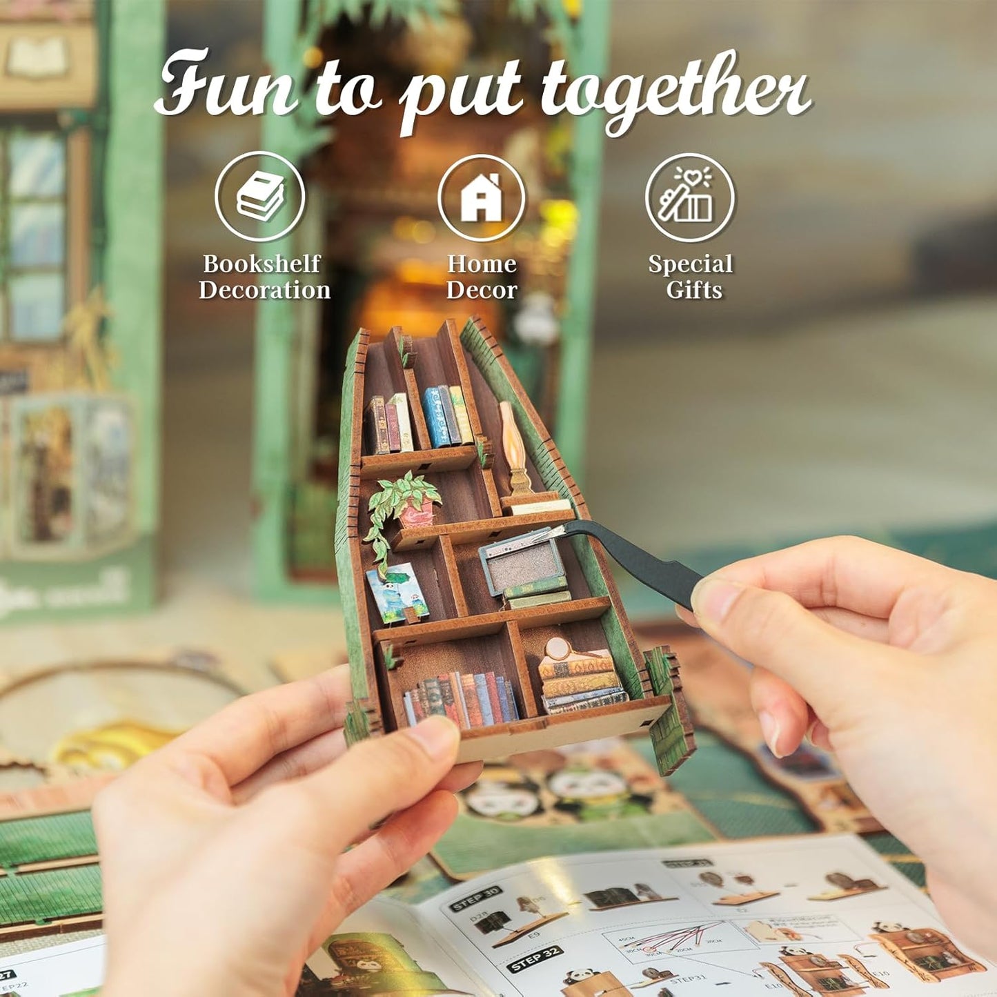 Fsolis Book Nook Kits, DIY Miniature House Kit 3D Wooden Puzzles for Adults Bookshelf Decor Decorative Bookend Gifts for Women Teenagers Book Lovers（Panda Bookshop）