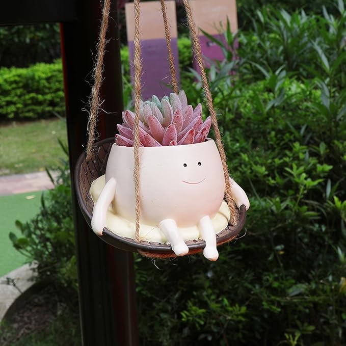 bestbear Hanging Swing Chair Planter Pot Resin Smiley Face Planter for Indoor Outdoor Plant Cute Head Flower Pots for String of Pearls Plant Live Unique IdeaI for Mother Day, Christmas (Small)