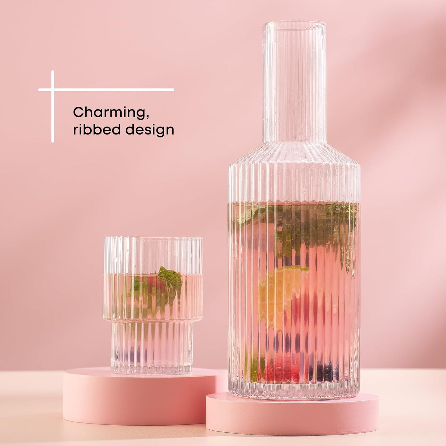 JoyJolt Bedside Water Carafe and Glass Set. Elle Fluted Glass Carafe and Ribbed Glassware. Vintage Nightstand Water, Mouthwash Decanter for Bathroom or Ribbed Vase. Mid Century Modern Glassware