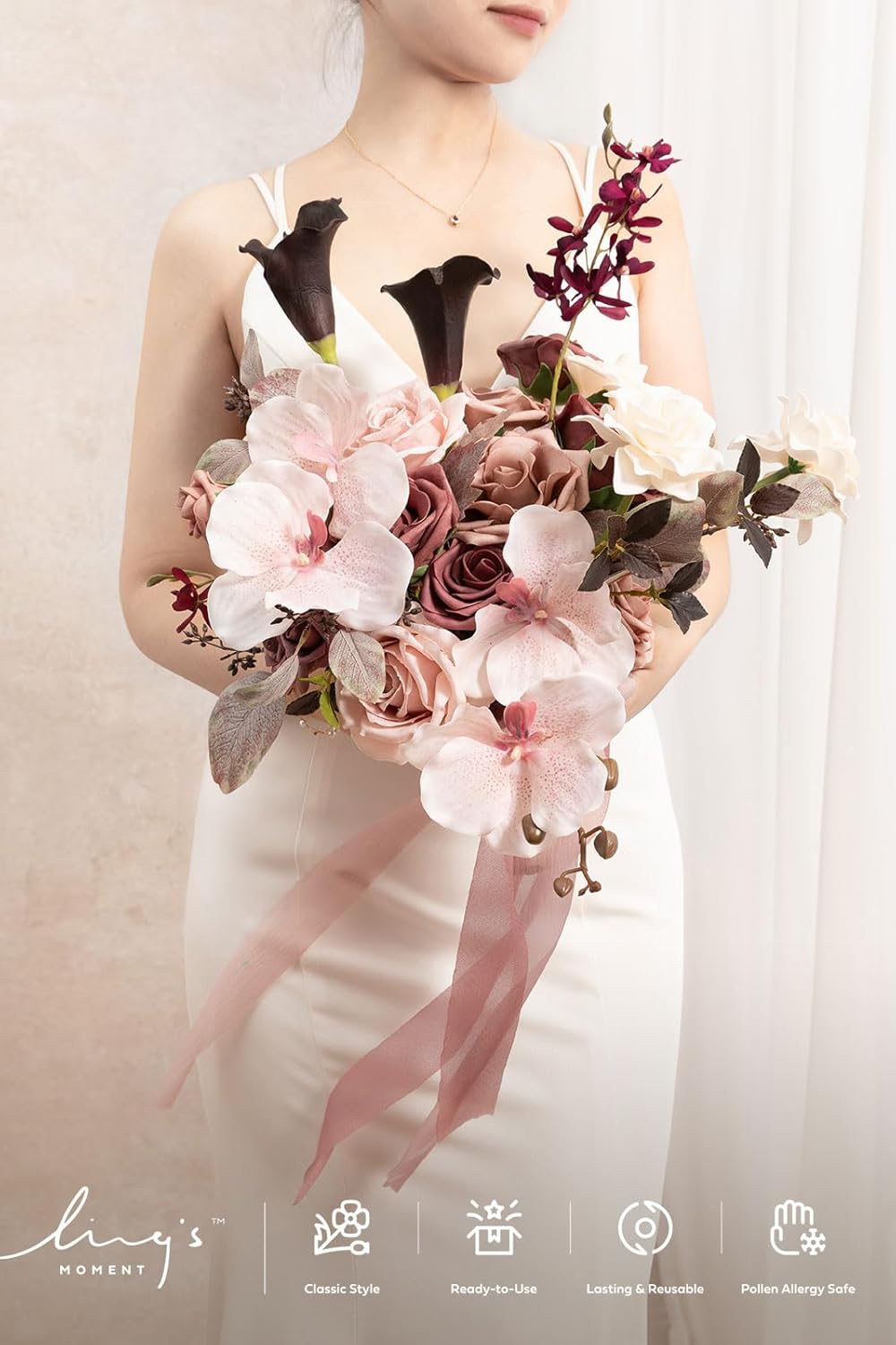 Ling's moment Dusty Rose Wedding Bouquets for Bride, Pink Bridal Bouquets for Bride, 13 Inch Free Form Artificial Wedding Flower Bouquet