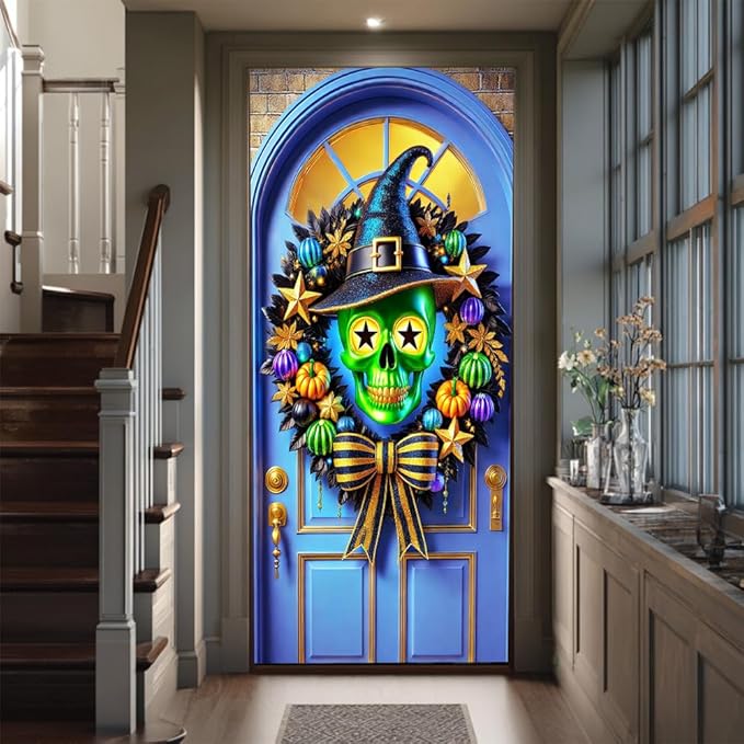 2D flat Funny Green Monster Christmas Door Banner Holiday Front Door Decorations for Indoor Outdoor Xmas Party Door Cover 71x35 Inch