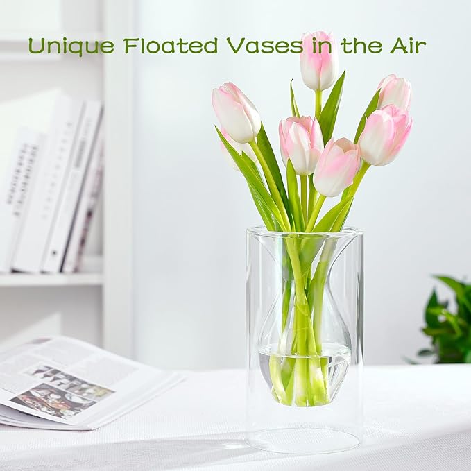 ZENS Unique Small Flower Vase, Modern Double Hollow Clear Glass Vase, Floating Decorative Vase Hand Blown Cool Bud Vase for Home Small Bouquet, Wedding Centerpieces