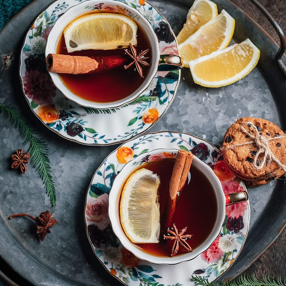 Coffee Cups and Saucers Set of 2,8 oz Tea Cup and Saucer Royal Vintage Ceramic Floral Lined Coffee Cup for Latte,Cappuccino,Porcelain Tea Sets Gift for Birthday Gifts(Red/Green)