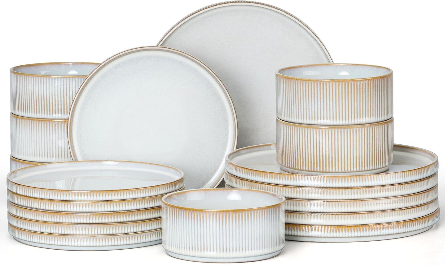 E-far Stoneware Dinnerware Sets, 18-Pieces Modern Plates and Bowls Sets, Kitchen Dinning Porcelain Dishes Set for 6, Chip & Scratch Resistant, Dishwasher & Microwave Safe, Creamy Beige