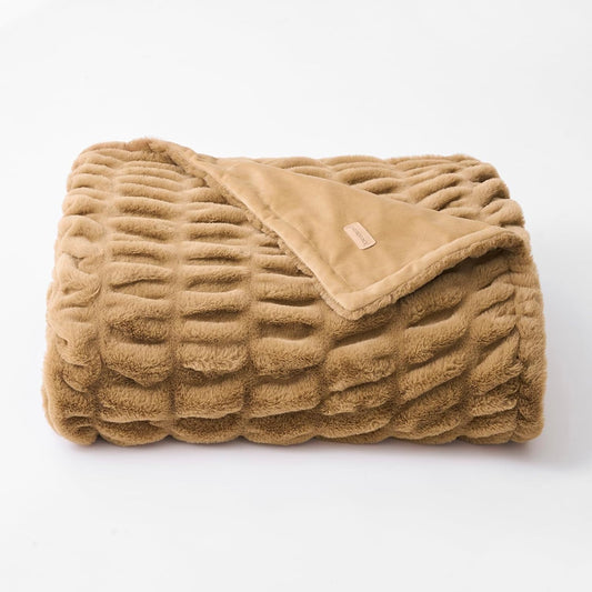 EVERGRACE Luxurious Soft Faux Rabbit Fur Throw Blanket, Cozy Fuzzy Plush Warm Throws for Couch Bed Sofa Chair Home Decor, Ruched Bubble Fluffy Blanket with Reversible Velvet, 60" x 80", Camel