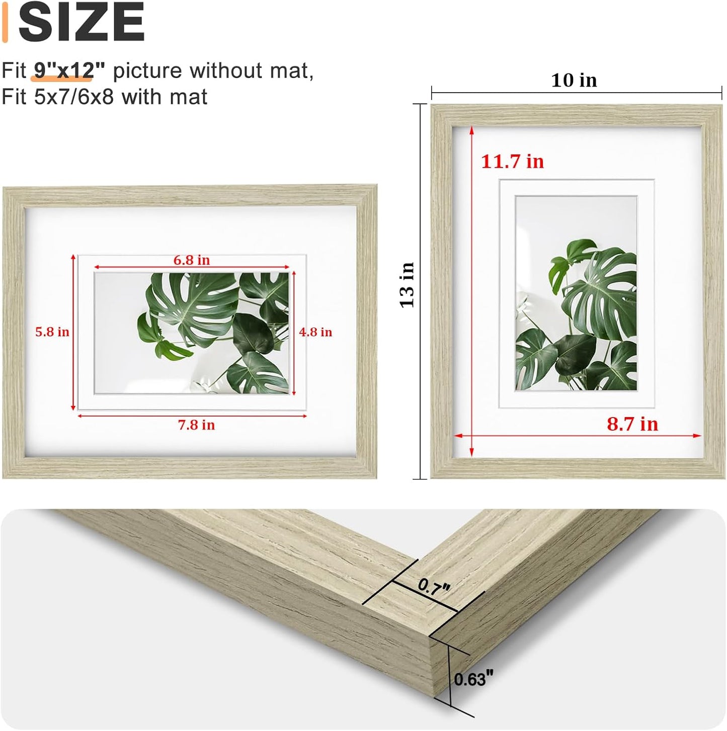 Egofine 9x12 Picture Frames Set of 4, Made of Solid Wood Covered by Plexiglass 5x7 and 6x8 with Mat or 9x12 without Mat, for Table Top Display and Wall Mounting Photo Frame Distressed Wood Grain
