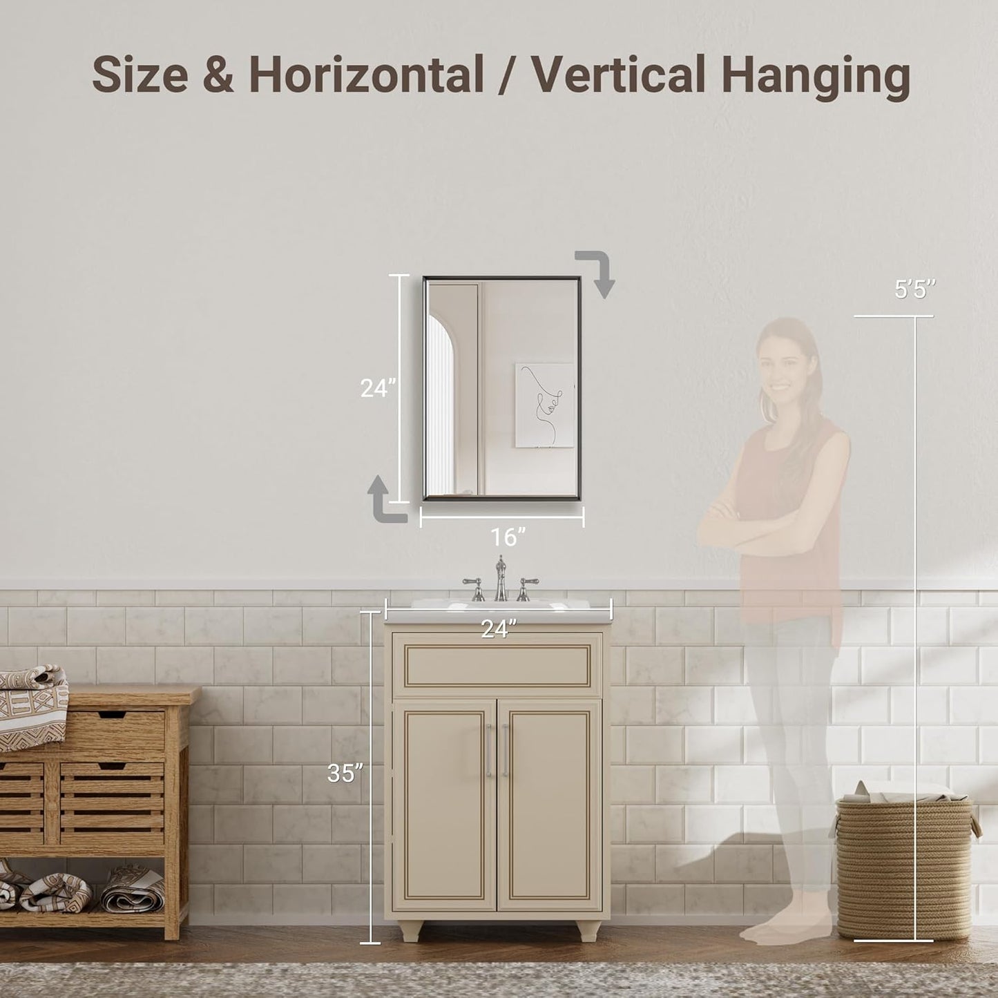 Black Bathroom Mirror, 16''x 24'' Beveled Bathroom Mirror for Wall, Anti-Rust Black Framed Mirror for Bathroom Living Room Decor, Rectangle Black Mirror for Wall Decorative