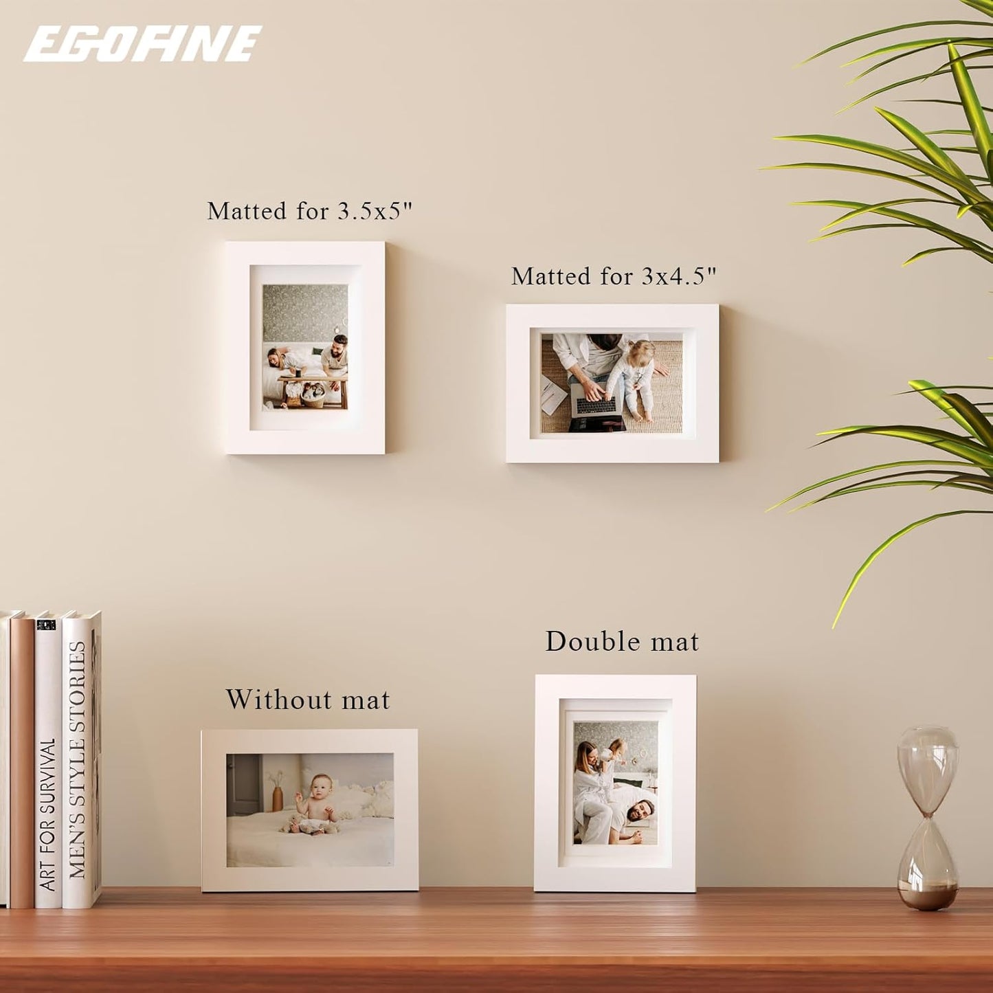 Egofine 4x6 Picture Frames Set of 4, Made of Solid Wood Covered by Plexiglass 3.5x5 with Mat or 4x6 without Mat, for Table Top Display and Wall Mounting Photo Frame White