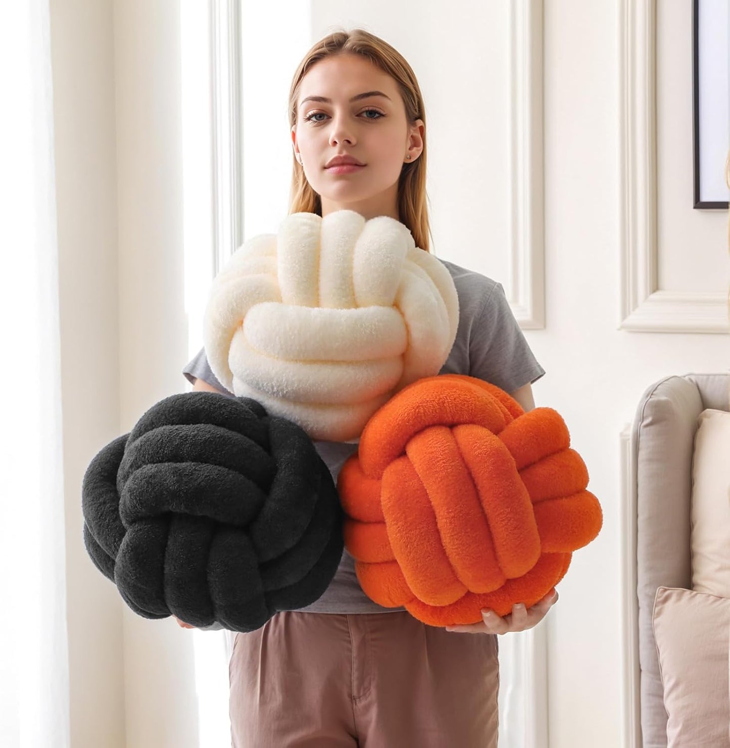 Knot Pillow Ball Plush - Decorative Throw Pillows for Bed Stress Relief, Round Knot Cushion for Sofa Decor Pet Toy, Grey 12 inch