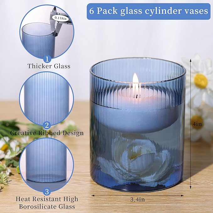 Glass Ribbed Cylinder Vase Set of 6, Bud Vase for Wedding Centerpieces, Clear Ribbed Glass Flower Vase, Hurricane Floating Candle Holder 4 Inch, Decorative Vases for Home Decor(Blue)