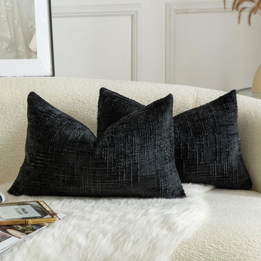 MANDIOO Pack of 2 Soft Chenille Textured Throw Pillow Covers Lumbar Accent Solid Decorative Cushion Cover Cozy Farmhouse Pillow Case for Couch Sofa Bed Living Room 12x20 Inch Black