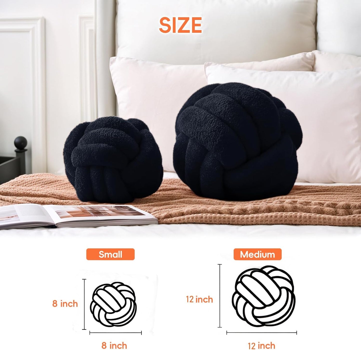 Knot Pillow Ball Plush - Decorative Throw Pillows for Bed Relieve Stress, Round Knot Cushion for Sofa Decor Pet Toy, Black 8 inch