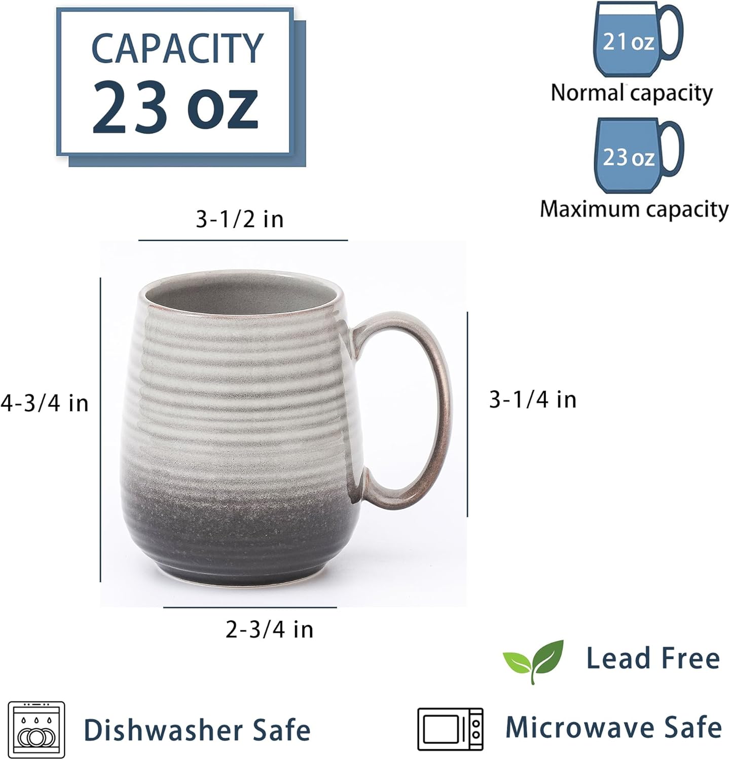 Large Coffee Mugs, Extra Large Ceramic Coffee Mug, 23 oz Handmade Pottery Mug, Big Tea Cups with Handle for Office and Home, Dishwasher and Microwave Safe (Grey Black)