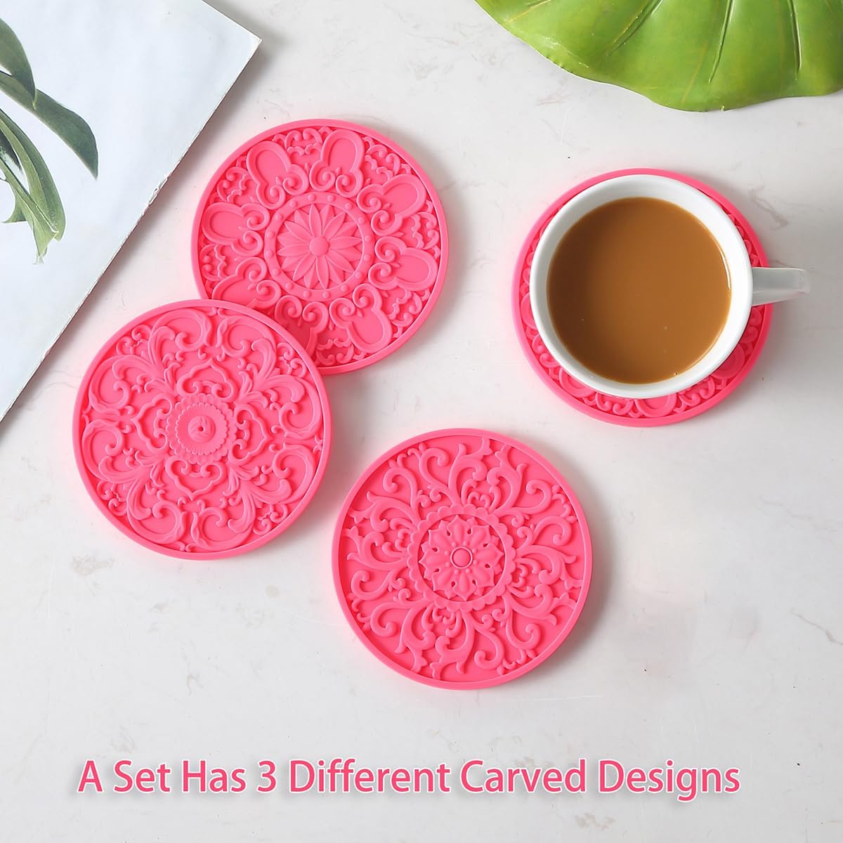 Colinda Silicone Coasters - Set of 6 with Holder, Non-Slip Cup Mats for Hot and Cold Drinks, Decorative Designs, Gift Ready Packaging,Fuschia