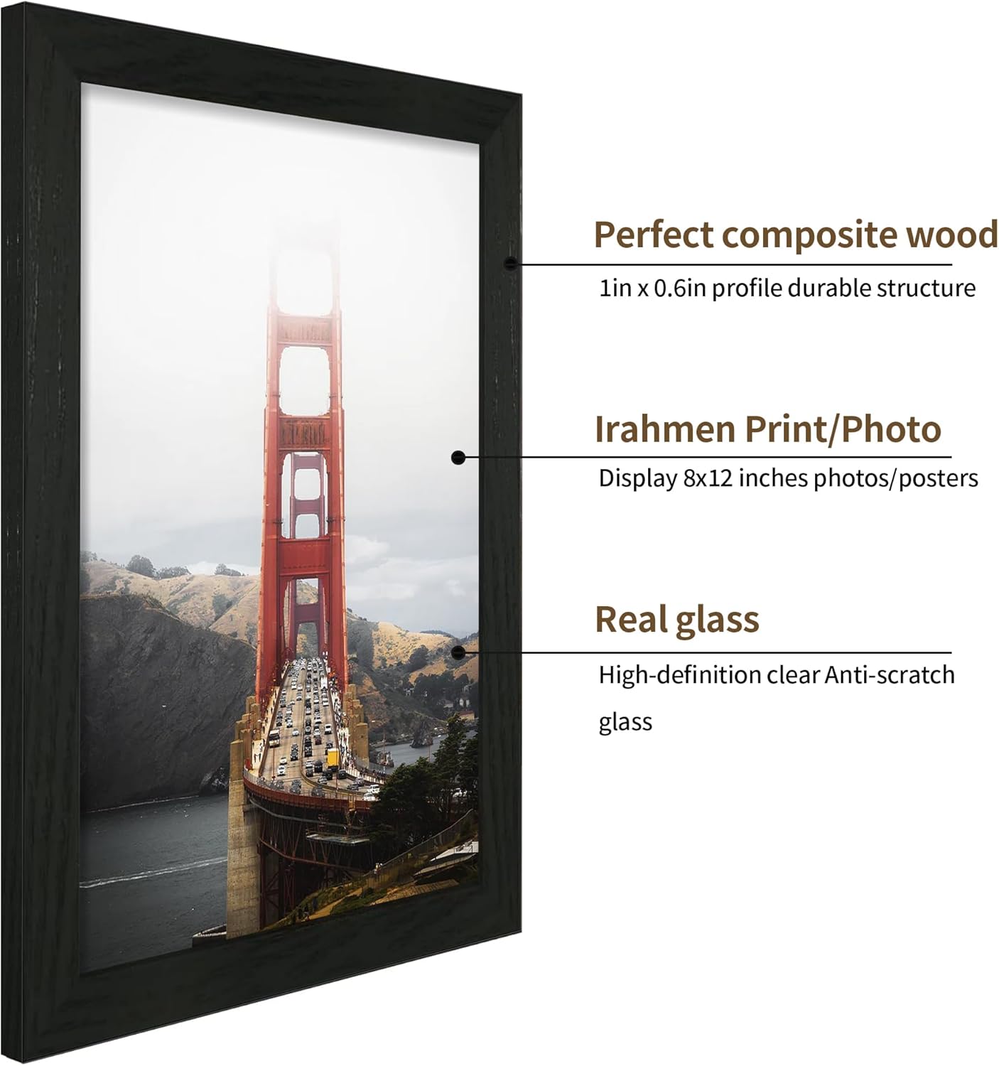iRahmen 8x12 Picture Frame Set of 2, Black Wood Photo Frame with High Definition Glass, Display Pictures 6x8 with Mat or 8 x 12 without Mat for Tabletop and Wall Mounting