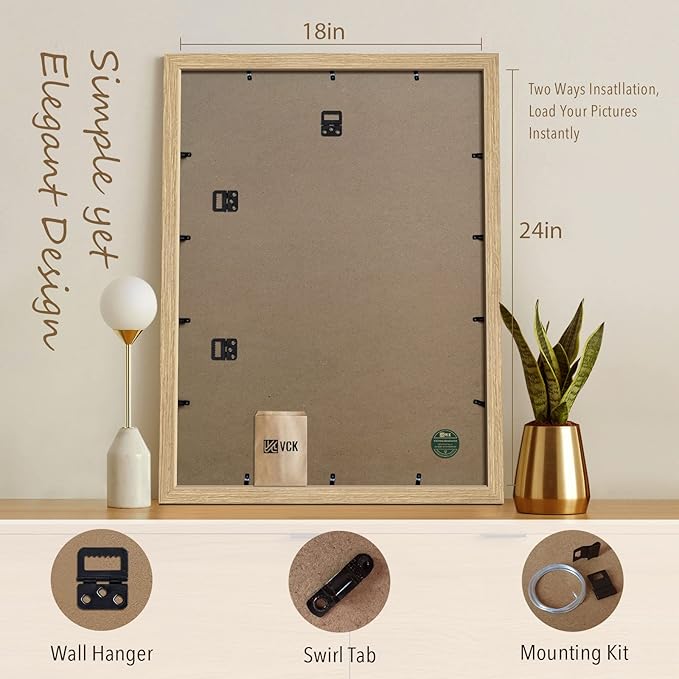 VCK 18x24 Poster Frame Set of 3 - Oak, Natural Solid Wood Picture Frames, Wall Hanging